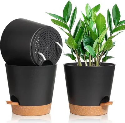 Image de T4U 20cm Pot de fleurs auto-arrosé Set de 3 pièces noir avec soucoupe