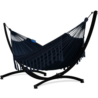 Produktbild von Potenza Outdoor Hängematte mit Gestell für 2 Personen I Baumwolle Doppelhängematte XXL 220x160, 200kg I Schwarz Hängemattengestell 220kg, wetterfest