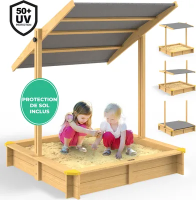 Image de SPIELWERK® Bac à sable en bois SAMU 120x120cm tapis de sol toit réglable protection UV 50+ jeu pour enfants extérieur jardin
