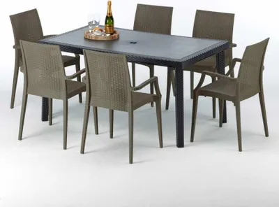 Produktbild von Poly Rattan Tisch Rechteckig mit 6 Bunten Polyrattan Stühlen 150x90 Schwarz