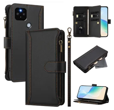 A collage of images showcasing a black leather wallet-style phone case for a Google Pixel 4A 5G, with various angles and features displayed.