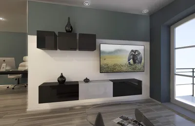 Produktbild von Furnitech Wohnwand Wohnzimmer - Wohnzimmer Möbel mit LED Blau - Hängend Wohnwand Modern - Regale und TV Schrank (AN13-18BW-HG4 1A)