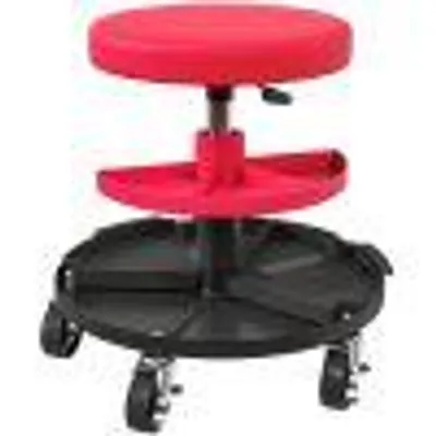 Produktbild von Werkstatthocker mit Rollen, höhenverstellbar 40–51 cm, bis 135 kg, Mechanikerhocker mit 5 Rollen & 2 Ablagen, Rot