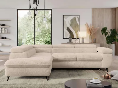 Produktbild von Couch mit Schlaffunktion, L-form Ecksofa, Wohnzimmersofa, mit Einstellbare Kopfstützen - PEDRO L - Plüsch - Creme - Links