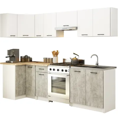 Zdjęcie produktu dla Zestaw kuchenny narożny OLIWIA 3.0m Biały, Beton 300 cm 300x46x203 cm
