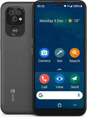 A Doro 8100 smartphone is shown from the front and back, displaying its screen with app icons and the time.
