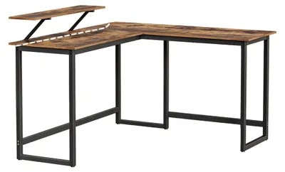 Zdjęcie produktu dla Biurko narożne w kolorze brązowym - biurko w kształcie litery L - do biura domowego - stabilne - wymiary: 140 x 130 x 89 cm