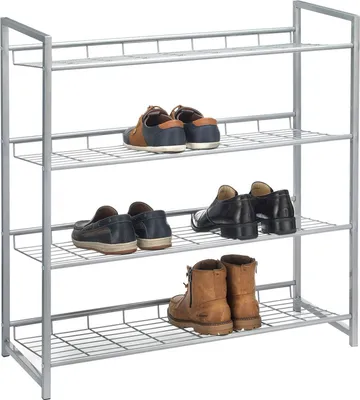 A four-tier metal shoe rack with various shoes on each tier.