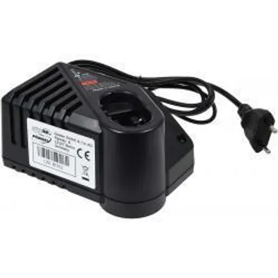A black battery charger with a power cord and plug.