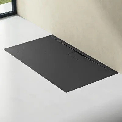 Produktbild von doporro Duschtasse Duschwanne 100x140x3 flach Mineralguss in Anthrazit DIN-Anschlüsse für bodengleiche Montage geeignet Geoma07