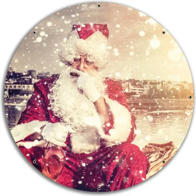 Produktbild von Wallario rundes Outdoor-Poster für Garten oder Balkon, Motiv Christmas-Party - Weihnachtsmann mit Schnaps und Zigarre, 60 cm Durchmesser