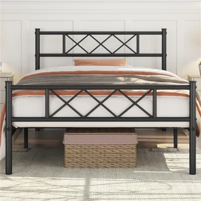 Produktbild von Yaheetech Metallbett Bettgestell mit Kreuzdesign Kopfteil, 90 x 200 cm Bettrahmen, Schwarz