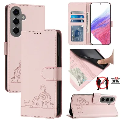 A collage of images showing a pink leather flip case wallet for a Samsung Galaxy S25 FE phone, featuring a cute cat design and RFID protection.