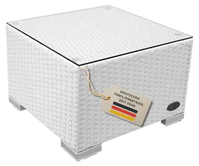 Produktbild von Beistelltisch Weiss Aluminium Poly-Rattan handgeflochten mit abnehmbarer Temperglasplatte 50x50x32 cm für Außen