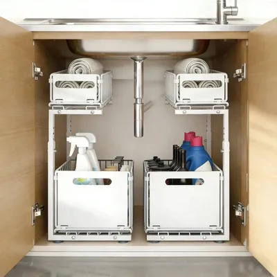 Immagine prodotto di Organizzatore estraibile a 2 scomparti con cassetti, altezza regolabile, ripiano portaoggetti da installare sotto il lavello della cucina