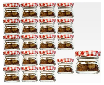 Produktbild von 20er Set Mini Sturzgläser | Füllmenge 30 ml | Deckel in Rotkariert | Rundgläser für Marmelade, Obst, Einwecken, Honig und Einmachgläser