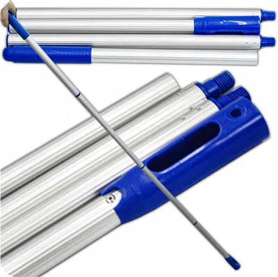 A stack of aluminum telescopic poles with blue plastic handles, with one pole extended and angled across the frame.