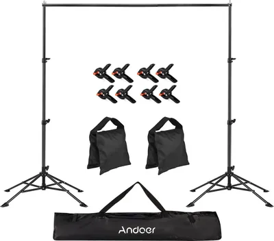 Obrázek produktu pro Andoer Stojan na pozadí 2 x 3 metry/6,6 x 10 stop pro studiové fotografie, čtyřnohý podpůrný systém pro pozadí, kovový držák pozadí s 8 svorkami na pozadí, 2 pytle s pískem, taška na přenášení