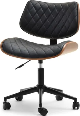 A black office chair with a walnut wood accent.