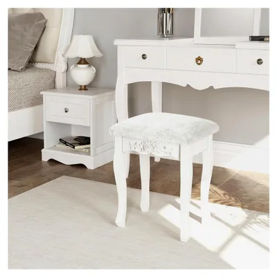 Produktbild von Schminkhocker, Sitzhocker, Landhaus Hocker, Polsterhocker, MDF Holz, Weiß lackiert, für Schminktisch, Barock, Cremeweiß