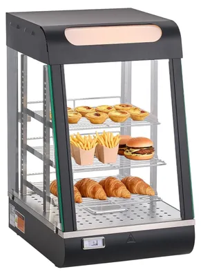 Image de Présentoir chauffant professionnel à 3 niveaux, 800 W, avec éclairage LED, compartiment de rangement supérieur et étagères réglables, chauffage à vapeur à 3085 °C, capacité de 57 L pour hamburgers, pizzas, pain et poulet frit