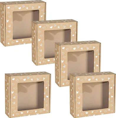 Produktbild von Quadratische Mailer-Box mit Sichtfenster, Geschenkschachtel mit weißem Herzaufdruck 20x20x5 cm x5