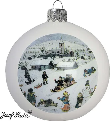 A white Christmas ornament with a painted scene of children playing in the snow.