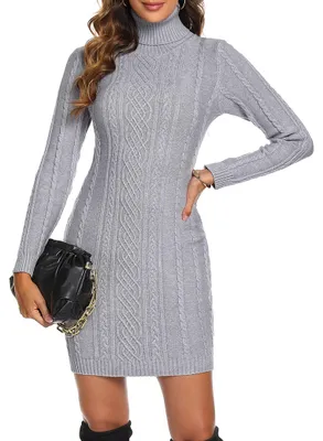 Productafbeelding van Aottori dames tricotjurk, ronde hals, warm, elegant, stretch, grijs, maat S