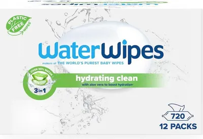 Produktbild von 12x WATERWIPES Feuchttücher, feuchtigkeitsspendende Reinigung mit Aloe Vera, 3-in-1, 60 Stück (720 Stück)