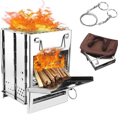 Produktbild von Famanu Tragbare Holzofen für Camping und Outdoor-Aktivitäten - Faltbarer Edelstahlkocher mit Grill und Tragetasche