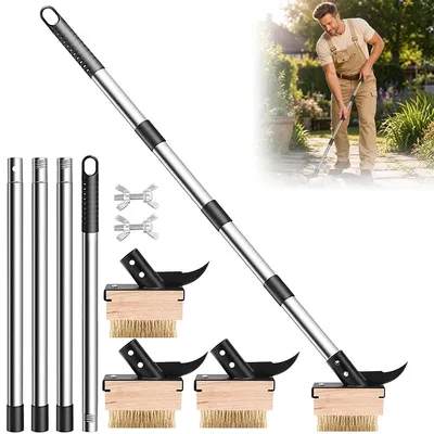 Produktbild von Fugenbürste mit Stiel 1,6m, Unkrautentferner mit Stahlbürste und Klinge, 3 Ersatzköpfe, Gartenwerkzeug für Terrasse, Gehweg und Pflasterfugen