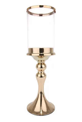 Produktbild von Metall Windlicht mit Glas gold für Stumpe und Spitzkerze ca.36,5x11x11cm H/B/T