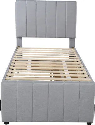 Produktbild von Merax Polsterbett 90x200cm mit Ausziehbett und 3 Schubladen, Leinen Doppelbett Kinderbett Jugendbett mit Lattenrost und höhenverstellbarem Kopfteil