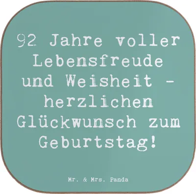 Produktbild von Mr. & Mrs. Panda Untersetzer Tasse Spruch 92. Geburtstag - Meeresbrise - Geschenk, Geburtstagsgeschenk, Happy Birthday, Liebe, Geschenkideen, Alter, Glas, 92 Jahre