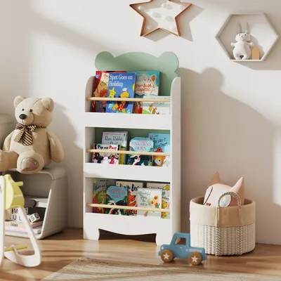 Produktbild von SUGIFT Kinder Bücherregal Bärenform 3 Ebenen, Kinderregal MDF Kiefernholz, Grün | 55x15x110 cm | Kippsicherung | ab 3 Jahren