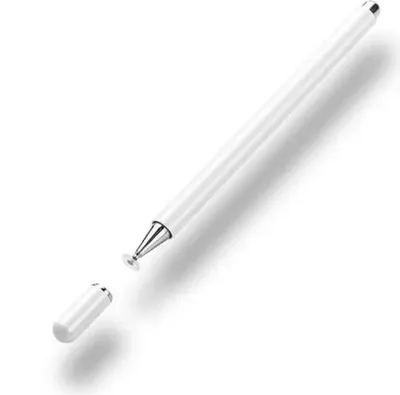 A white stylus pen with a silver tip and cap, shown on a white background.