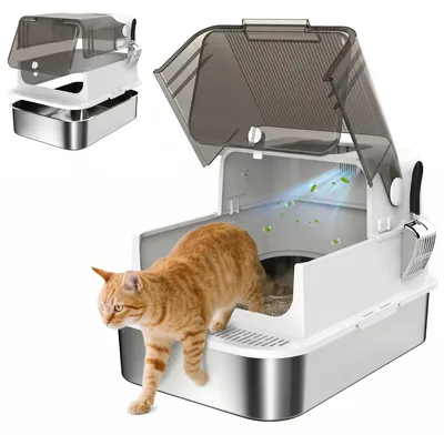 Produktbild von SUGIFT Katzenklo geschlossen doppelte Türen, Katzentoilette Edelstahl XXL mit Deckel, kratzfest geruchsneutral, Weiß | 52 L | bis 15 kg | 70 x 50 x 46,5 cm