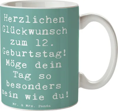 Produktbild von Mr. & Mrs. Panda Pott Spruch 12. Geburtstag - Meeresbrise - Geschenk, Herzlichen Glückwunsch zum, besondere Wünsche, kaffeebecher bedruckt, Geburtstagsgeschenk, Tasse