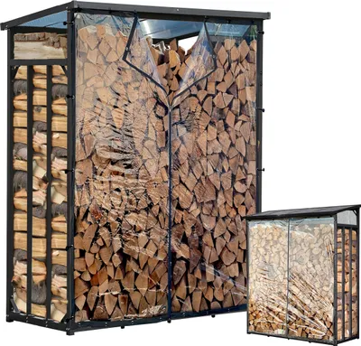 Produktbild von Metall Kaminholzregal Außen 130 x 70 x 185 cm Mit Wetterschutz Transparent, Pro - 40 mm Stahlprofil, Anthrazit, Wetterfest, Kapazität 1,6 m³ (2,5 SRM), L Garten Kaminholzunterstand Stapelhilfe
