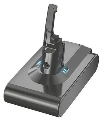 A gray Dyson V8 battery pack with a charging connector.