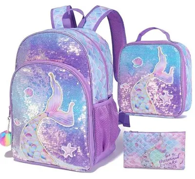 Produktbild von Ultiluxe Rucksack Set - Schultasche Mädchen - 3-teilig - Meerjungfrau mit Pailletten - 40 x 30 x 15 cm - Schulrucksack für Kinder - 18 L - Lila/Blau/R