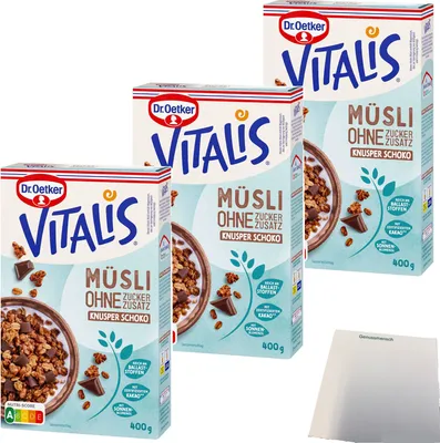 Produktbild von Dr. Oetker Vitalis Müsli Knuspermüsli Schoko ohne Zuckerzusatz 3er Pack (3x400g Packung) + usy Block