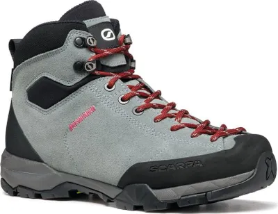 Graue Wanderschuhe für Damen mit roten Schnürsenkeln von Scarpa; Modell "Mojito Hike GTX Wmn WIDE".