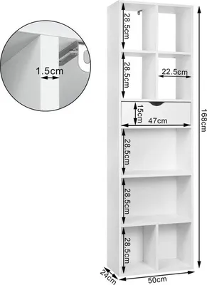 Obrázok produktu pre Bolt Edge Otvorená knižnica – 9 políc – 1 zásuvka – biela – drevo – 50x24x168cm