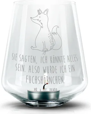 Produktbild von Mr. & Mrs. Panda Glas Windlicht Einhorn Wunsch - Transparent - Geschenk, Fuchshörnchen, Fuchs, Einhörner, Kerzenhalter, Füchse, Laterne, Unicorn, Kerzenglas, gravur