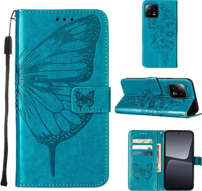 Produktbild von Lederhülle für Xiaomi 13 Schmetterling Prägung Flip Ledertasche Kartenfächer Handyhülle mit Ständer Blau