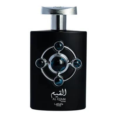 A black perfume bottle with silver and blue accents.