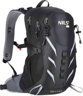 A black and gray backpack is shown against a white background.