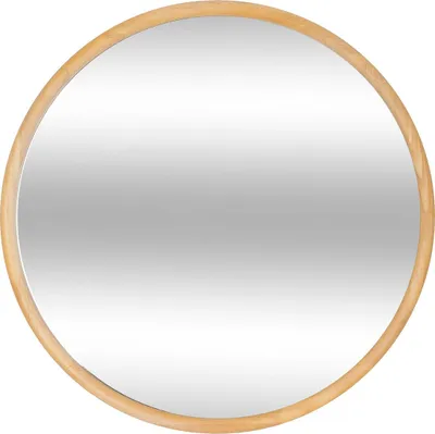 A round mirror with a wooden frame against a white background.