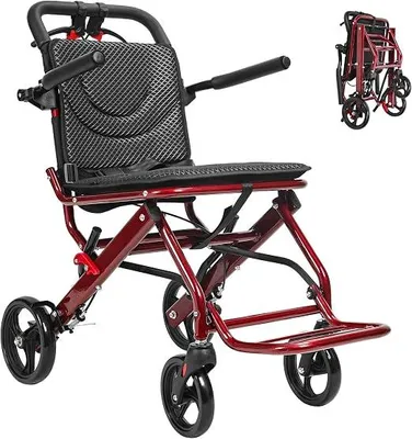 Productafbeelding van Rolstoelen voor volwassenen, ultralicht, verstelbare transportrolstoel, weegt slechts 8,4 kg, draagbare, opvouwbare transportstoel met automatisch remsysteem, draagvermogen van 79 kg